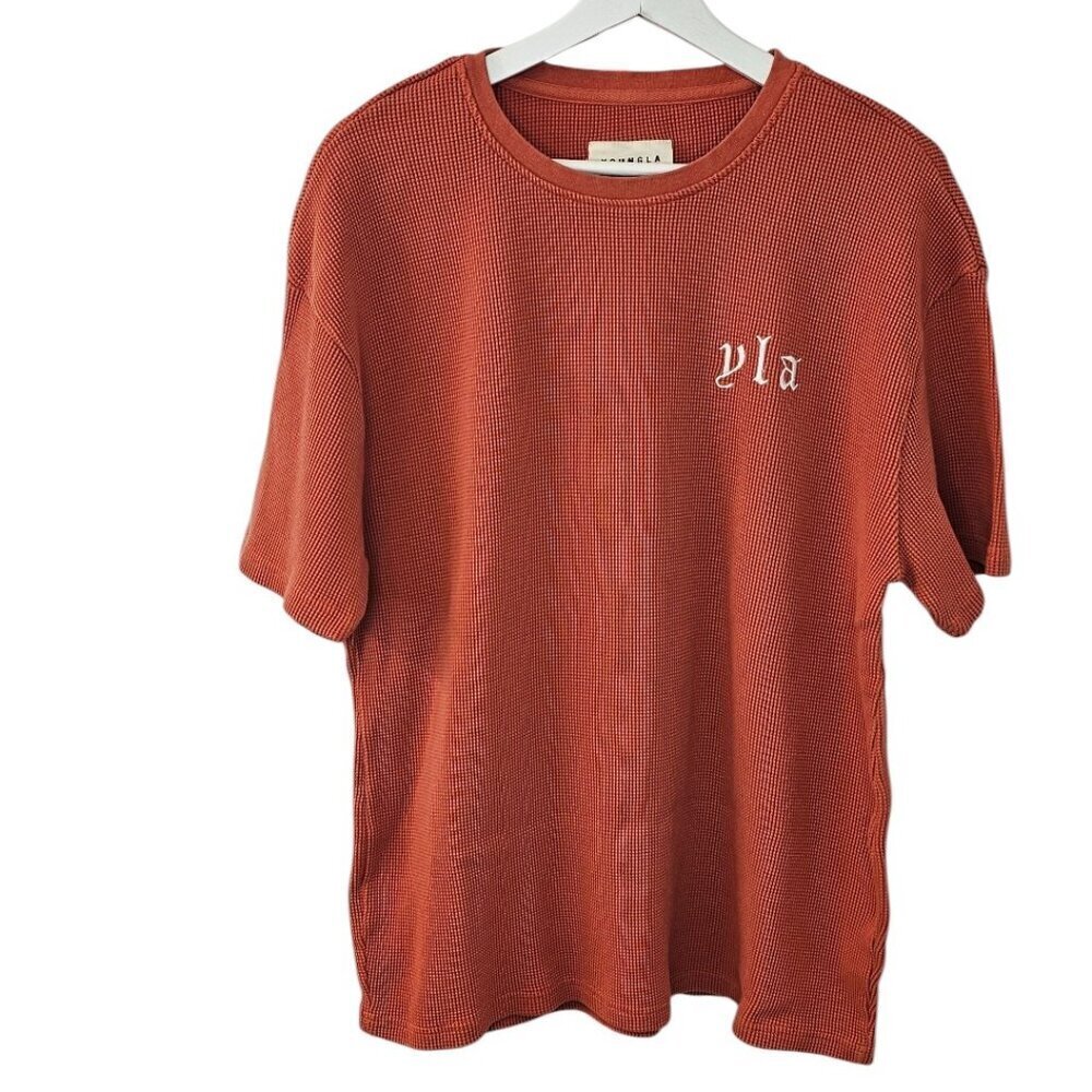 Youngla Mens 427 Waffle Tee, Short Sleeve, Waffle Knit, Orange, Heavy Knit, L